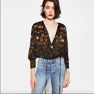 🎋Zara silk wrapped long sleeve blouse bodysuit🎋
